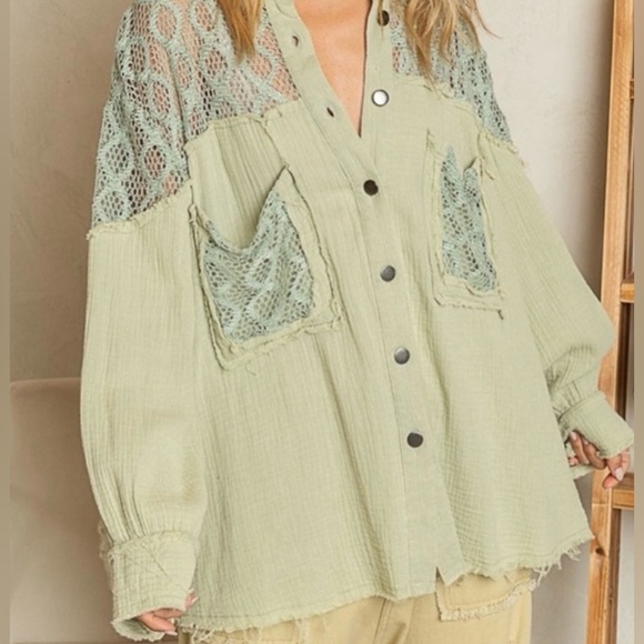 POL Tops - POL Stylish Matcha Green Lace Crochet Overlay Shirt - Perfect for Layering